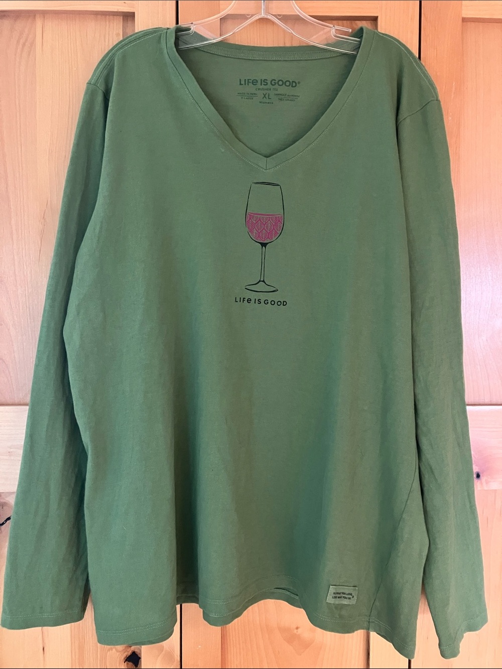 Life Is Good Women's Olive Green V-Neck Sweatshirt with Wine Glass Graphic